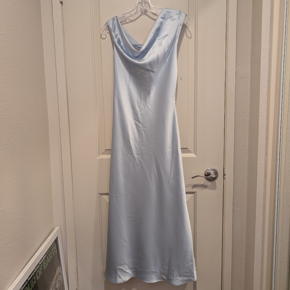 BHLDN Amsale One-Shoulder Satin Midi Dress Ice Blue Gown Size 4 NWOT - Picture 4 of 13